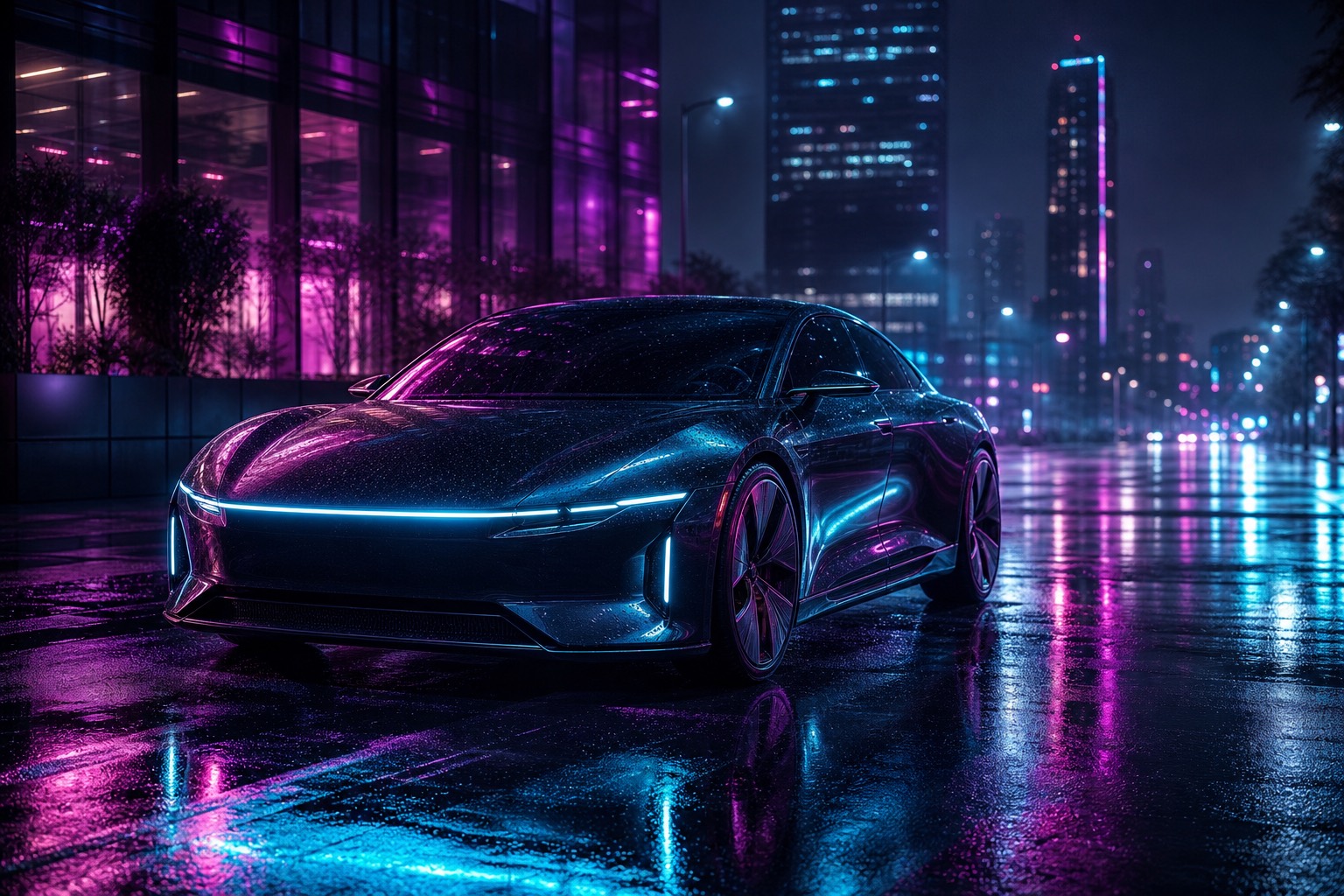 ネオンの夜の街に停まる車